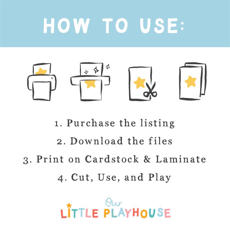 May include: A light blue background with the text "HOW TO USE:" and instructions for a product. The steps include purchasing, downloading, printing, and cutting. The logo "Our LITTLE PLAYHOUSE" is at the bottom.