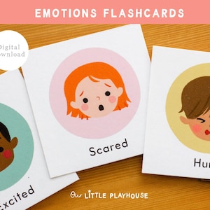 May include: Flashcards with illustrations of children's faces expressing emotions. The cards include the words "Excited", "Scared", and "Hurt". The text "Emotions Flashcards" is at the top. The words "Digital Download" are also present.