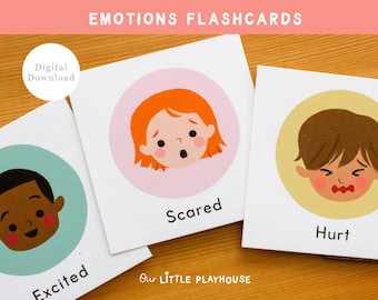 May include: Flashcards with illustrations of children's faces expressing emotions. The cards include the words "Excited", "Scared", and "Hurt". The text "Emotions Flashcards" is at the top. The words "Digital Download" are also present.