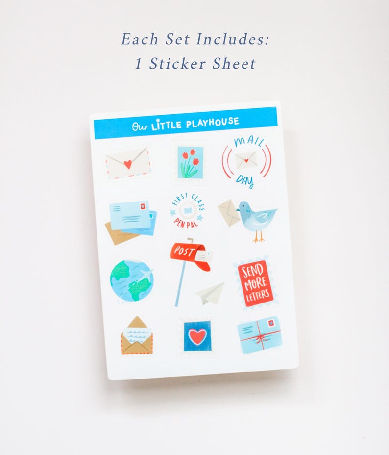 May include: A sticker sheet with various postal-themed illustrations, including envelopes, a globe, a mailbox, and a bird carrying a letter. The text "Our Little Playhouse" and "Mail Day" are visible. The set includes one sticker sheet.