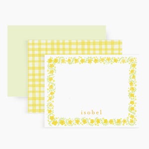 Papelería con flores amarillas, papelería infantil personalizada, tarjetas para niñas, tarjetas con nombre personalizadas, papelería para guardería.
