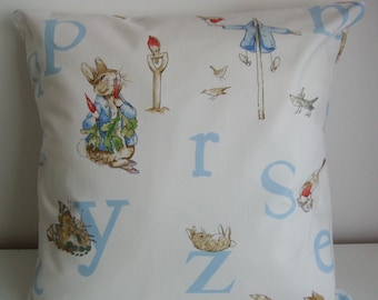 NEW Beatrix Potter Peter Rabbit  Blue Alphabet- Handmade Nursery Cushion