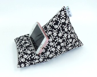 LARGE Smart Mobile Phone Holder, Cushion, cotton Beanbag Stand designer - hand made by Joella Hill in "Mini Pirate Skulls" gift for him