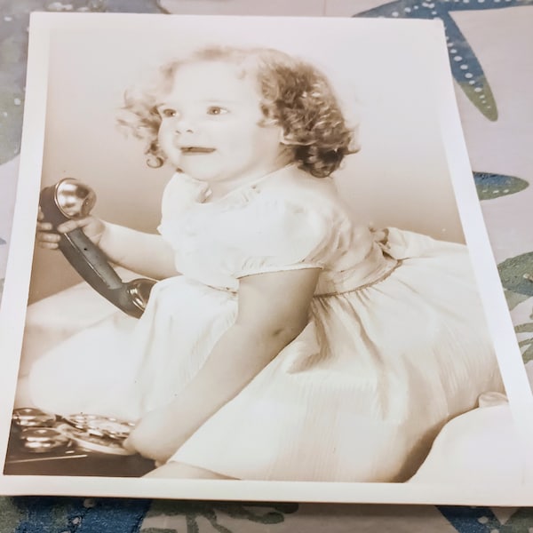 Adorable Vintage Photograph Child With Vintage Rotary Telephone