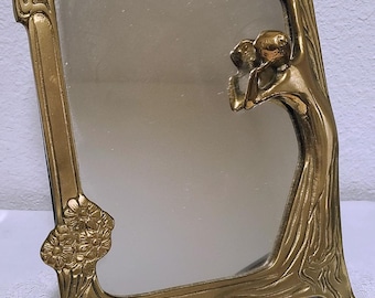 Vintage Brass Art Nouveau Vanity Footed Mirror Woman & Tree Flowers Motif