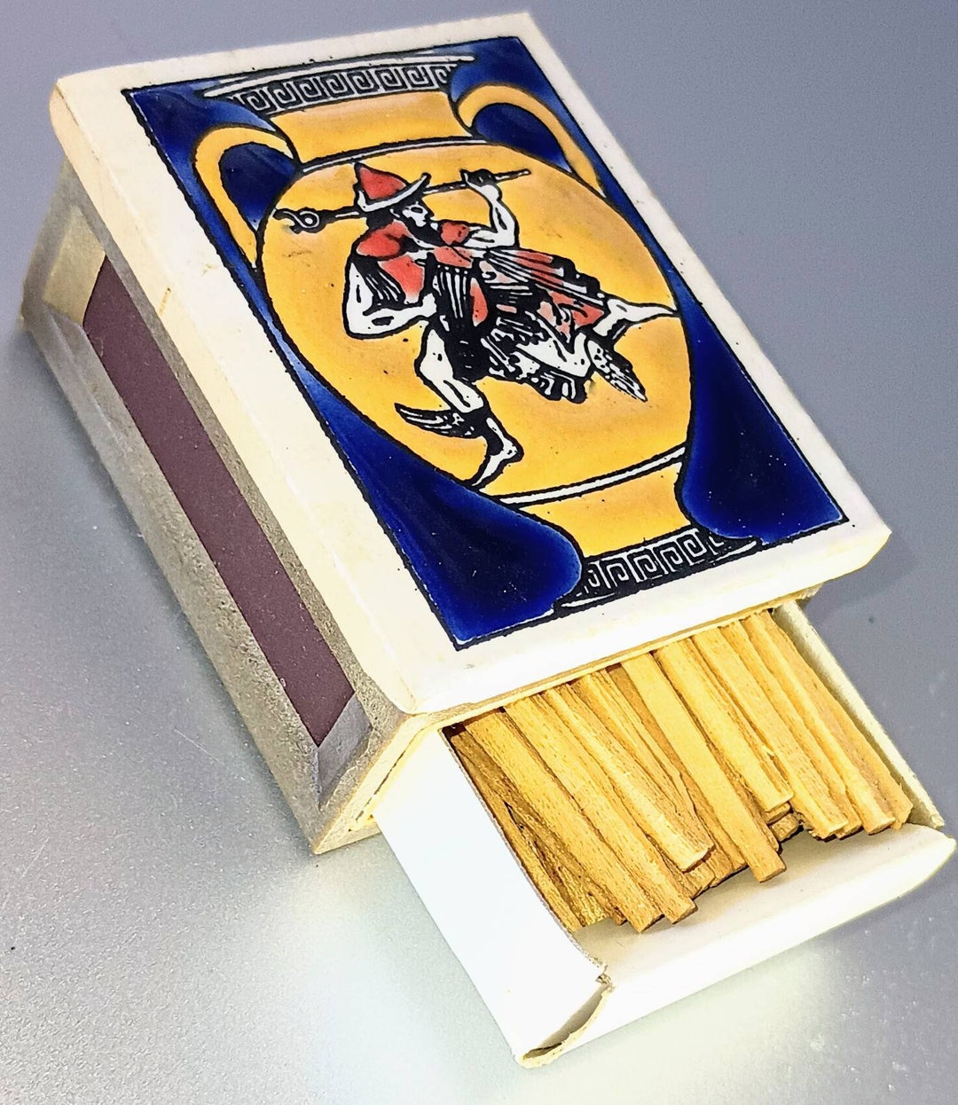 Vintage Wooden Match Box Painted Ceramic Tile Top Metal Box Etsy