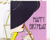 Whimsical Vintage Birthday Art Card Art Deco Lady Hand Painted Red Lipstick Makeup Pearl Necklace Designer High Quality HB138