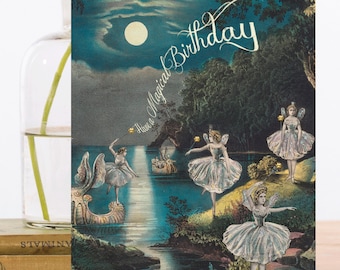 Birthday Art Card ~ Hand Glittered Vintage Mystical Magical Fairy Ballerinas Dancing in the Moonlight ~ Designer High Quality HB166