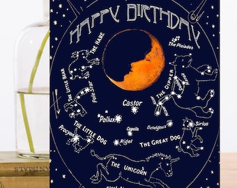 Hand Glittered Vintage Birthday Art Card ~ Star Zodiac Constellations Man in Crescent Moon Space Solar System ~ Designer High Quality HB126