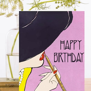Birthday Art Card Vintage Collage~Sustainably Sourced Material Biodegradable Sleeve  ~ Art Deco Lady & Lipstick ~Designer High Quality HB138