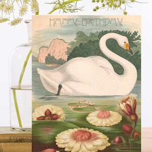 Verjaardag Art Card Vintage Collage ~ Duurzaam geproduceerd materiaal biologisch afbreekbare mouw ~ Zwaan met waterlelies ~ Designer Hoge kwaliteit HB174