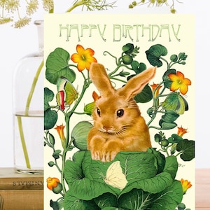 Anniversaire Art Card vintage Collage ~ Matériau d'origine durable Manchon biodégradable ~ Lapin Papillons Fleurs ~ Designer Haute Qualité HB170