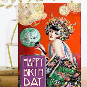 Birthday Art Card Vintage Collage ~ Sustainably Sourced Material Biodegradable Sleeve ~ Oriental Fan 1920s Lady~ Designer High Quality HB100