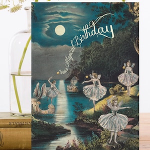Cartão de arte de aniversário ~ mão brilhante vintage mística fada bailarinas dançando ao luar ~ designer de alta qualidade hb166