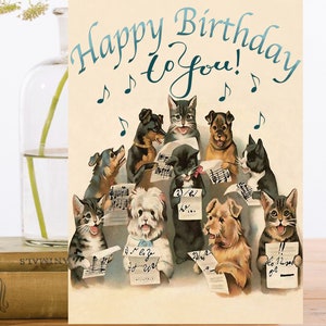 Anniversaire Art Card vintage Collage - Matériau d'origine durable Manchon biodégradable ~ Chiens et chats Joyeux anniversaire ~ Designer de haute qualité HB104
