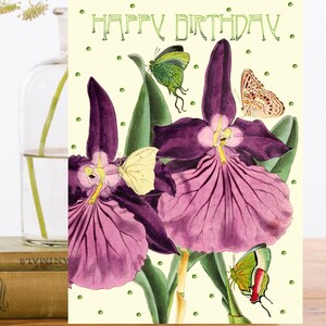 Carte d’art d’anniversaire vintage scintillante à la main ~ Fleurs d’iris magenta avec des papillons colorés ~ Designer de haute qualité HB183