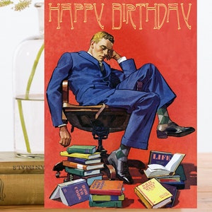 Verjaardag Art Card Vintage Collage ~ Duurzaam geproduceerd materiaal biologisch afbreekbare mouw ~ Man leesboeken ~ Designer Hoge kwaliteit HB155