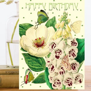 Carte d’art d’anniversaire vintage scintillante à la main ~ Belles fleurs Gants de renard blancs et rose avec papillons ~ Designer de haute qualité HB181
