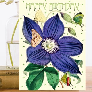 Carte d’art d’anniversaire vintage scintillante à la main ~ Jolie clématite violette avec des papillons colorés ~ Designer de haute qualité HB182