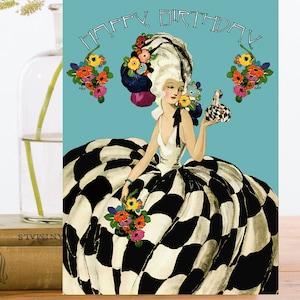 Geburtstag Kunstkarte Vintage Collage ~ Nachhaltiges Material Biologisch abbaubare Hülle ~ Dame Puppe Kleid Blumen ~ Designer Hohe Qualität HB167