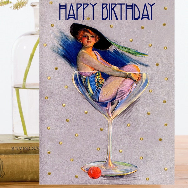 Hand Glittered Vintage Birthday Art Card ~ Sparkling 1920s Girl In Cocktail Glass with Feather in Hat ~ Designer High Quality HB161
