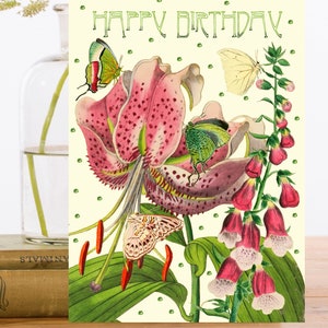 Carte d’art d’anniversaire vintage scintillante à la main ~ Lys roses et gants de renard avec papillons colorés ~ Designer De haute qualité HB184