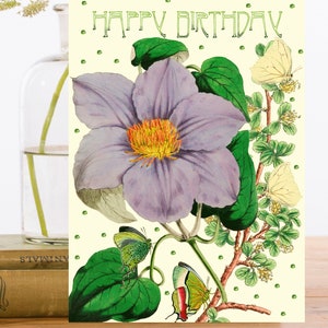 Carte d’art d’anniversaire vintage scintillante à la main ~ Pretty Purple Clematis Blossom & Butterflies ~ Designer High Quality HB180
