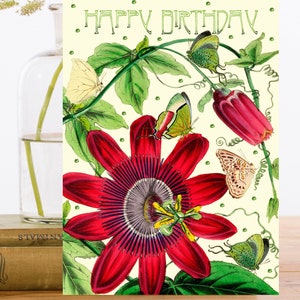 Carte d’art d’anniversaire vintage scintillante à la main ~ Belle vigne de passiflore rouge avec papillons ~ Designer de haute qualité HB178