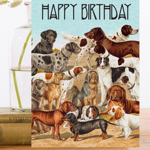 Verjaardag Art Card Vintage Collage ~ Duurzaam geproduceerde materiaal biologisch afbreekbare mouw ~ honden teckel spaniël ~ ontwerper hoge kwaliteit HB150
