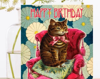 Birthday Art Card Vintage Collage - Sustainably Sourced Material Biodegradable Sleeve  ~ Tabby Cat Puss Chair ~ Designer High Quality HB156