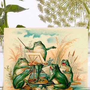 Wunderliche kleine Vintage Kunstkarte ~ Biologisch abbaubare Hülle aus nachhaltigem Material ~ Froschchor auf Seerosenblatt ~ Designer Hohe Qualität VT027