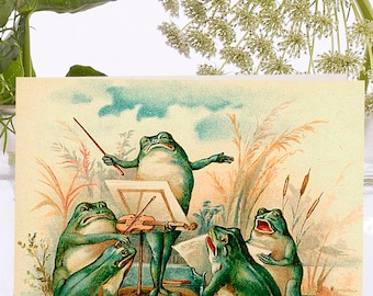 Whimsical Little Vintage Art Card ~ Sustainably Sourced Material Biodegradable Sleeve ~ Frog Choir on Lily Pad ~ Designer High Quality VT027