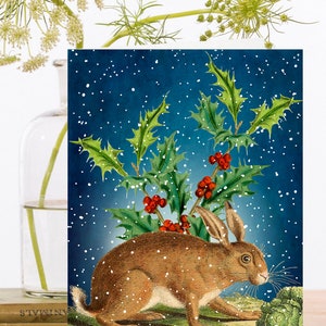 Stravagante Vintage Christmas Collage Art Card ~ Snowy Holly Berries & Hare Green Mushrooms - Funghi ~ Designer di alta qualità XM101