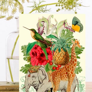 Carte d’art de collage vintage fantaisiste ~ Éléphant, Girafe, Papillon, Colibri, Iris, Gladioli & Ananas ~ Designer Haute Qualité RS073