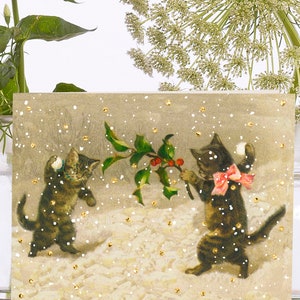 Christmas Little Vintage Collage Art Card ~Sustainably Sourced Material Biodegradable Sleeve ~ Snowball Fight ~ Designer High Quality VT093