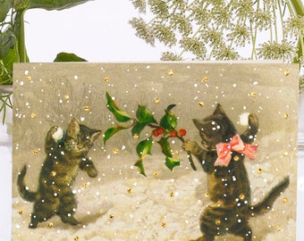 Christmas Little Vintage Collage Art Card ~Sustainably Sourced Material Biodegradable Sleeve ~ Snowball Fight ~ Designer High Quality VT093