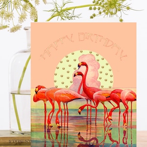 Hand Glittered Vintage Verjaardag Art Card ~ Rijke roze flamingo's in water met kleurrijke reflecties bij zonsondergang ~ Designer hoge kwaliteit HB139