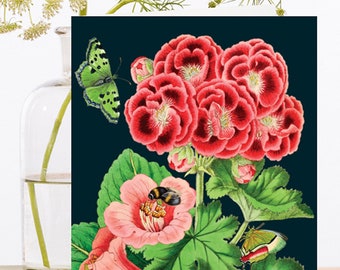 Cartão de arte de colagem vintage caprichoso ~ ilustração floral botânica coral rosa perfumado gerânio abelha borboletas ~ designer de alta qualidade rs148
