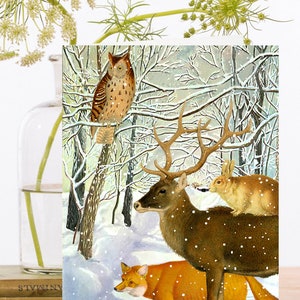 Carte d’art des fêtes de Noël ~ Collage vintage Art fantaisiste ~ Forêt enneigée ~ Renard roux ~ Hibou ~ Lapin ~ Rennes ~ Designer haute qualité XM099