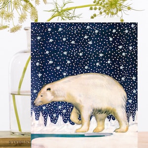 Stravagante Hand Glittered Vintage Christmas Art Card ~ Orso polare sulla piattaforma di ghiaccio accanto al cielo di neve di mezzanotte dell'oceano ~ Designer di alta qualità GT013