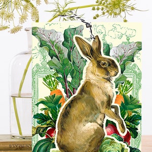 Könnte beinhalten: Eine Vintage-Illustration eines braunen Kaninchens, das in einem Garten mit grünem Blattgemüse, Karotten und einem Kürbis sitzt. Das Kaninchen ist von grünen Blättern und Blumen umgeben.