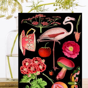 Carte d’art collage vintage fantaisiste ~ Matériau d’origine durable Manche biodégradable ~ Tasse à thé papillon flamant rose ~ Designer de haute qualité RS244