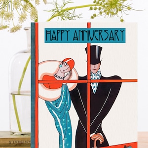 Tarjeta de arte Vintage Happy Aniversary de la mano ~ Vestido de noche de pareja Art Deco Admirando joyas brillantes ~ Diseñador de alta calidad SA015