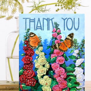 Nostalgische Hand glitzernde Vintage Dankeskarte ~ Colouful Hollyhocks & Monarch Butterflys ~ Designer High Quality TC011