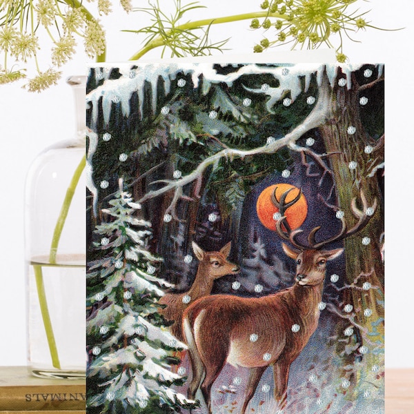 Whimsical Christmas Hand Glittered Vintage Art Card ~ Full Red Moon Reindeer in Fir Pine Tree Forest Deep Snow ~ Designer High Quality GT020