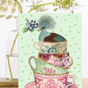 Carte d'art Collage vintage fantaisiste ~ Manchon biodégradable de matériau d'origine durable ~ Tasses à thé avec oiseau ~ Designer RS218 de haute qualité