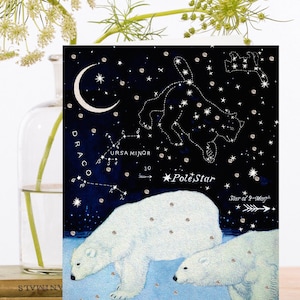 気まぐれなクリスマスの手塗りのキラキラ輝くヴィンテージアートカード ~ シロクマ、北極星、星座、三日月、星 ~ デザイナーの高品質 GT027