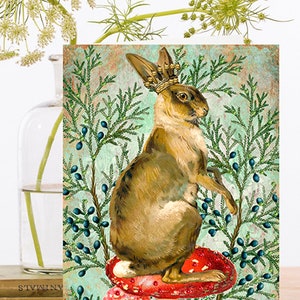 Carte d’art de collage de Noël scintillante à la main fantaisiste ~ Lapin et couronne à la volée Champignon agarique, arbre de pin ~ Designer haute qualité XM087