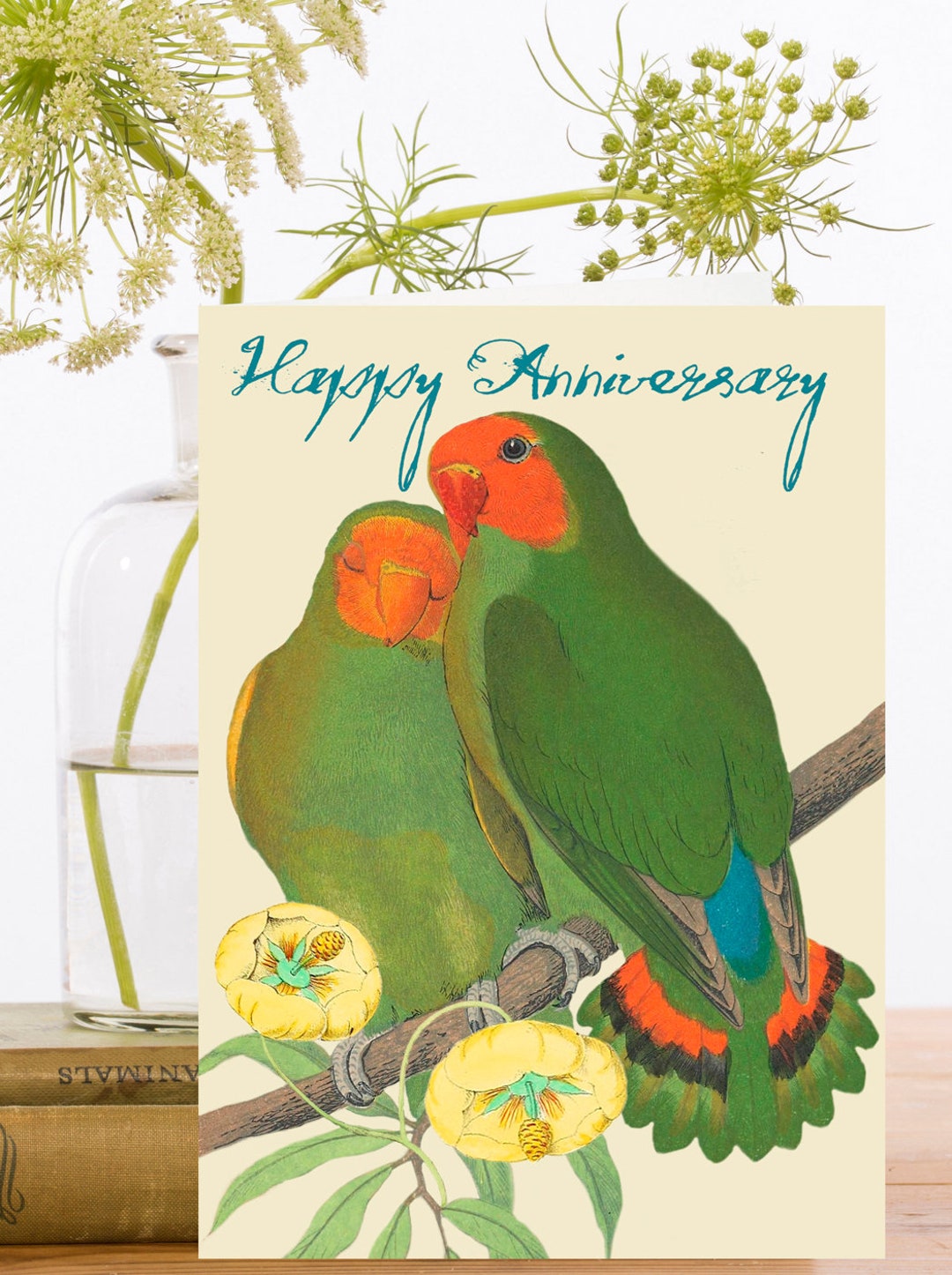 Happy Anniversary Greeting Art Card ~ Parrots Cuddling Love Birds ...