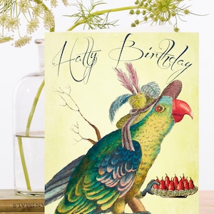 Collage vintage de carte d'art d'anniversaire ~ manchon biodégradable de matériau d'origine durable ~ perroquet dans le chapeau de plume ~ concepteur de haute qualité HB210